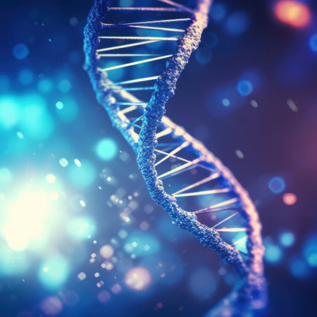 Close up of DNA in the distant future. View under the microscope. Blue helix background. Concept of the evolution of human.の素材