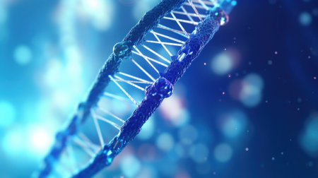 Close up of DNA in the distant future. View under the microscope. Blue helix background. Concept of the evolution of human.の素材