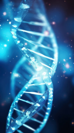 Close up of DNA in the distant future. View under the microscope. Blue helix background. Concept of the evolution of human.の素材