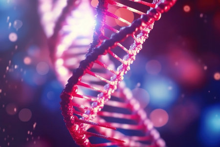 Close up of DNA in the distant future. View under the microscope. Blue helix background. Concept of the evolution of human.の素材