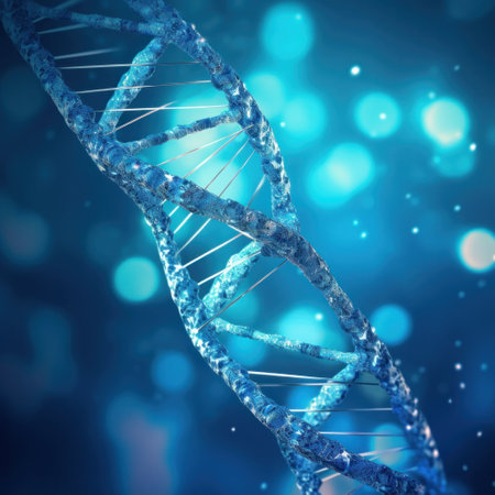 Close up of DNA in the distant future. View under the microscope. Blue helix background. Concept of the evolution of human.の素材