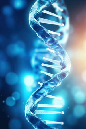 Close up of DNA in the distant future. View under the microscope. Blue helix background. Concept of the evolution of human.の素材