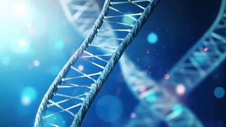 Close up of DNA in the distant future. View under the microscope. Blue helix background. Concept of the evolution of human.の素材
