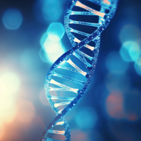Close up of DNA in the distant future. View under the microscope. Blue helix background. Concept of the evolution of human.の素材