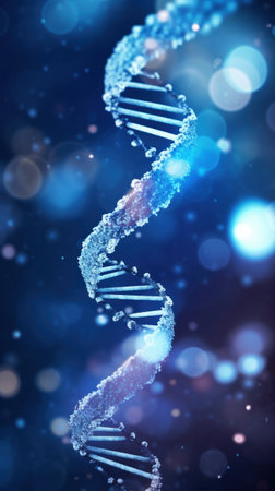 Close up of DNA in the distant future. View under the microscope. Blue helix background. Concept of the evolution of human.の素材