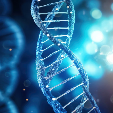 Close up of DNA in the distant future. View under the microscope. Blue helix background. Concept of the evolution of human.の素材