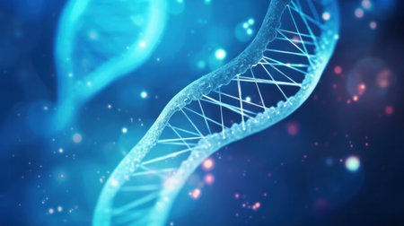 Close up of DNA in the distant future. View under the microscope. Blue helix background. Concept of the evolution of human.の素材