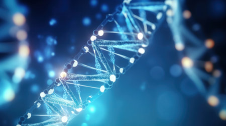 Close up of DNA in the distant future. View under the microscope. Blue helix background. Concept of the evolution of human.の素材