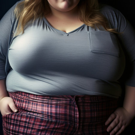 Close up of overweight woman, obesity belly.の素材