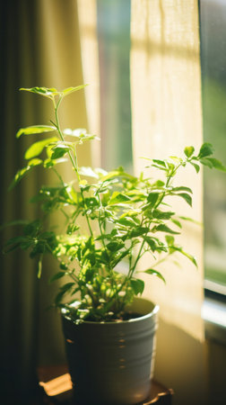 Green plant close to window in the morning.の素材