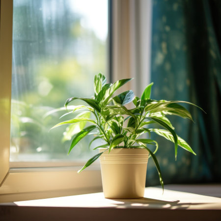 Green plant close to window in the morning.の素材