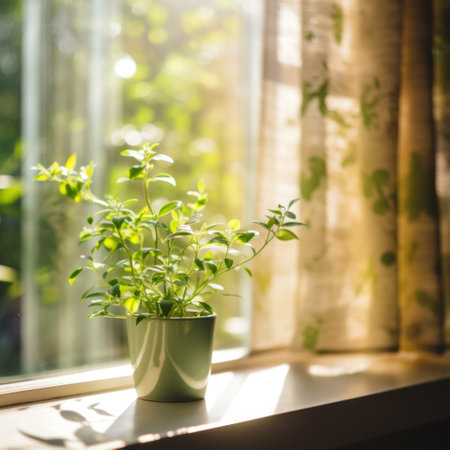 Green plant close to window in the morning.の素材
