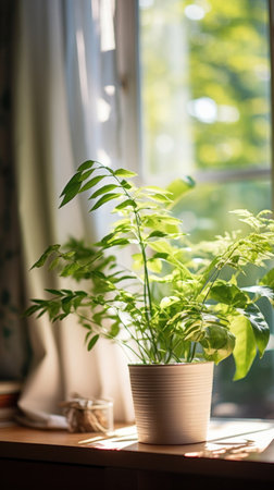 Green plant close to window in the morning.の素材