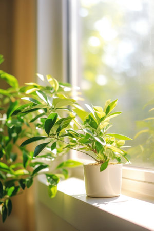 Green plant close to window in the morning.の素材