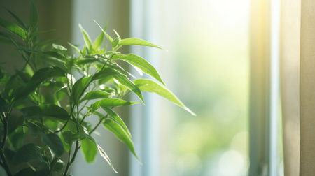 Green plant close to window in the morning.の素材