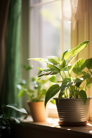 Green plant close to window in the morning.の素材