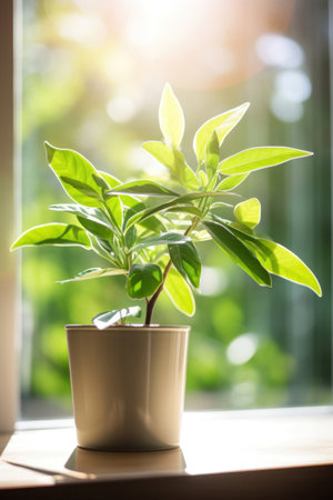 Green plant close to window in the morning.の素材