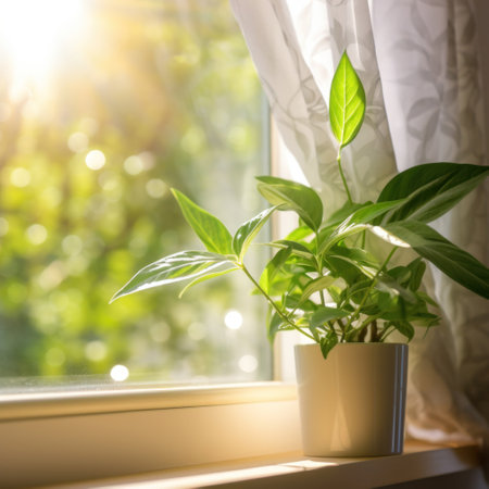 Green plant close to window in the morning.の素材