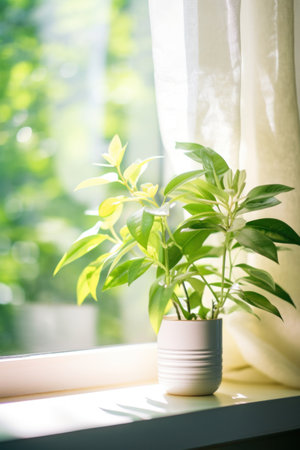 Green plant close to window in the morning.の素材