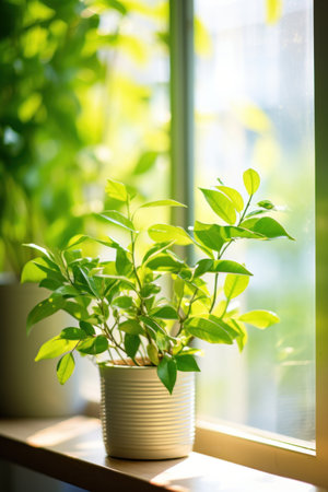 Green plant close to window in the morning.の素材