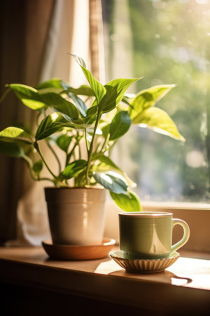 Green plant close to window in the morning.の素材