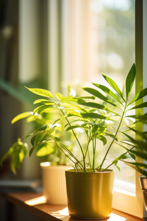Green plant close to window in the morning.の素材