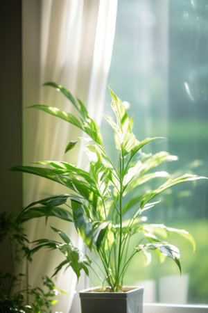Green plant close to window in the morning.の素材