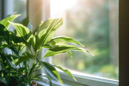 Green plant close to window in the morning.の素材