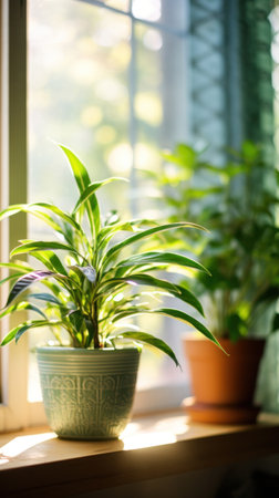 Green plant close to window in the morning.の素材