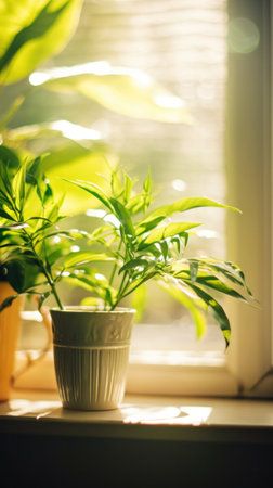 Green plant close to window in the morning.の素材