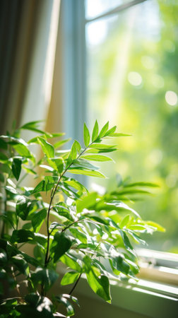 Green plant close to window in the morning.の素材