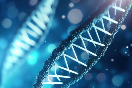 Close up of DNA in the distant future. View under the microscope. Blue helix background. Concept of the evolution of human.の素材