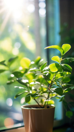 Green plant close to window in the morning.の素材