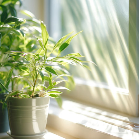 Green plant close to window in the morning.の素材