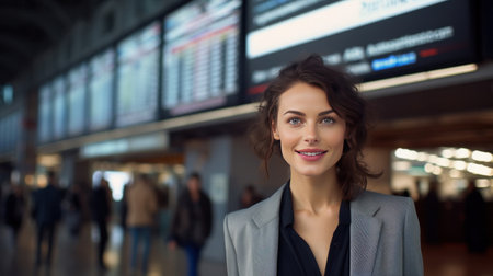 A happy businesswoman in front of information board at train station looking at camera.の素材