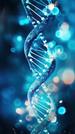 Close up of DNA in the distant future. View under the microscope. Blue helix background. Concept of the evolution of human.の素材