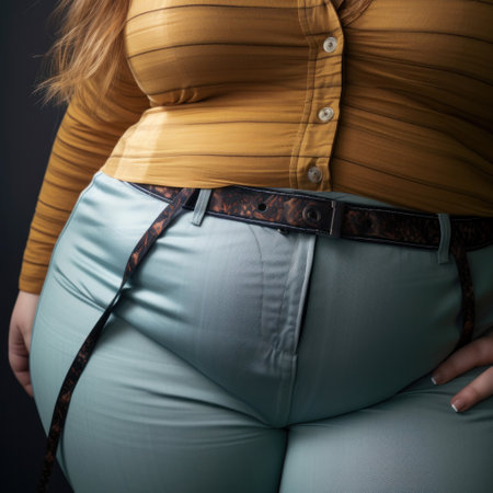Close up of overweight woman, obesity belly.の素材