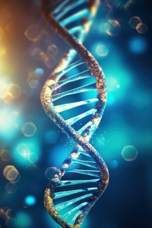 Close up of DNA in the distant future. View under the microscope. Blue helix background. Concept of the evolution of human.の素材