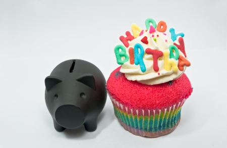 Cupcake decorated with birthday candlesの写真素材