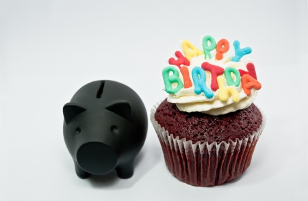 Cupcake decorated with birthday candlesの写真素材