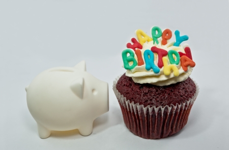 Cupcake decorated with birthday candlesの写真素材