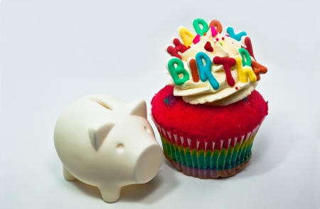 Cupcake decorated with birthday candlesの写真素材