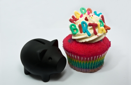 Cupcake decorated with birthday candlesの写真素材