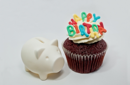Cupcake decorated with birthday candlesの写真素材