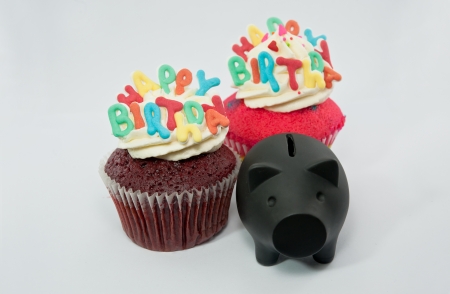 Cupcake decorated with birthday candlesの写真素材