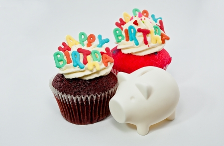 Cupcake decorated with birthday candlesの写真素材