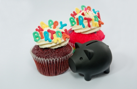 Cupcake decorated with birthday candlesの写真素材