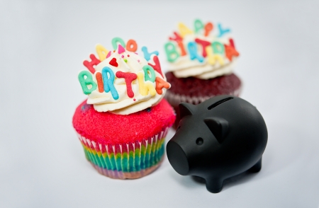 Cupcake decorated with birthday candlesの写真素材