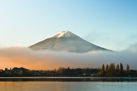 Mt Fuji in the early morning with reflection on the lake kawaguchikoの写真素材