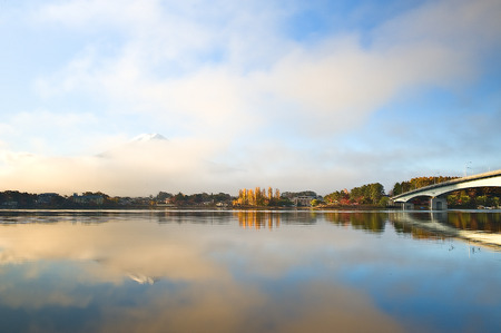 Mt Fuji in the early morning with reflection on the lake kawaguchikoの写真素材